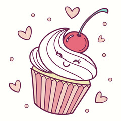Cute Cupcake with Cherry and Hearts Keywords: cupcake, cherry, hearts, drawing, illustration