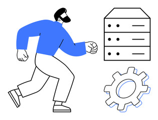 Person walking toward a server stack with a cogwheel below, symbolizing data management, IT workflow, system optimization, development, engineering, tech industry, problem-solving. Simple flat