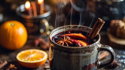 Cinematic close up of steaming mulled wine or glogg with citrus star anise and cinnamon
