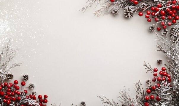 Festive winter frame on a light background, decorated with frosty pine branches, red berries, and snow for holiday designs