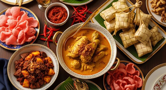 A large flatlay composition featuring opor ayam, ketupat, sambal goreng ati with diced potatoes, crispy fried shallots, and crackers arranged beautifully on elegant Eid tableware