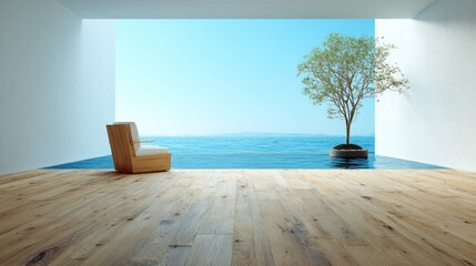 Modern indoor space opens dramatically onto a clear blue water scene featuring a solitary tree