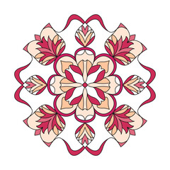 Symmetrical Floral Mandala with Soft Peach and Ruby Red Accents