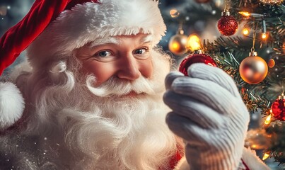 Santa claus wearing red hat and white gloves, holding a red ornament while decorating a festive christmas tree