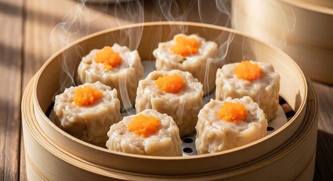 A highly detailed and realistic close-up photograph of freshly steamed chicken siomay dim sum arranged inside a traditional bamboo steamer basket, topped with finely grated orange carrot on each piece