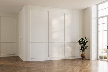 Minimalist interior with white panel walls, wooden herringbone floor, and natural daylight from large windows. Perfect for mock-up or architectural visualization. 3D render.