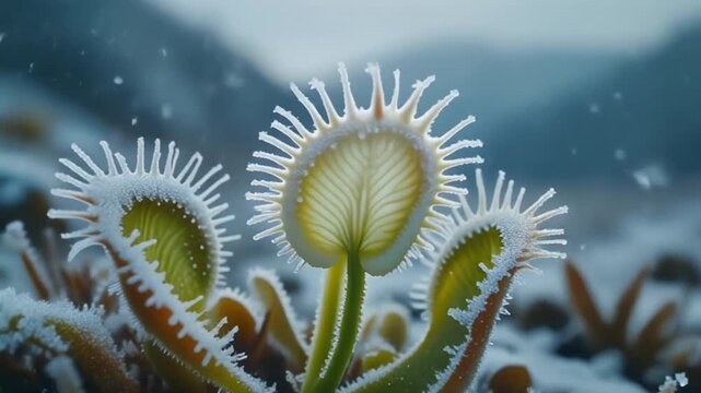 A beautiful Venus flytrap plant covered in sparkling frost during a winter snowfall