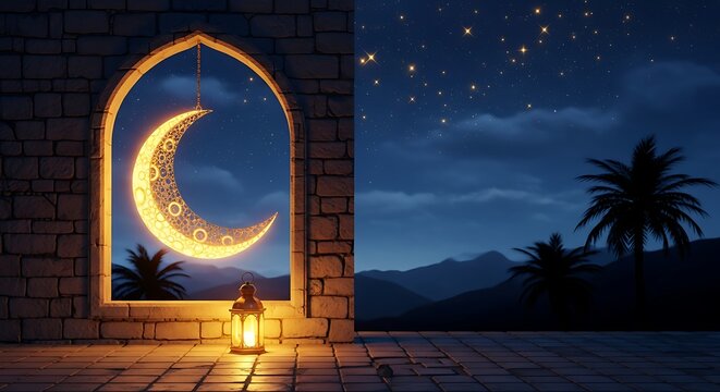 A hyper-realistic night scene featuring a glowing golden crescent moon gently hanging by a rope in the sky, with an ornate vintage metal lantern suspended inside the moon 