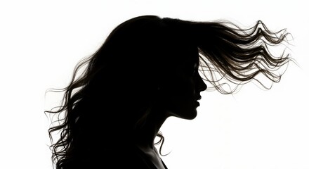 Naklejka premium Silhouette of a woman's profile with long wavy hair in motion. Dynamic hairstyle blowing in the wind on a white background. Hair care and beauty concept