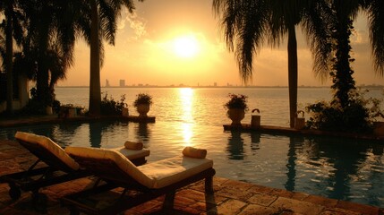 Serene poolside lounge chairs overlook calm water at sunset beside tropical foliage
