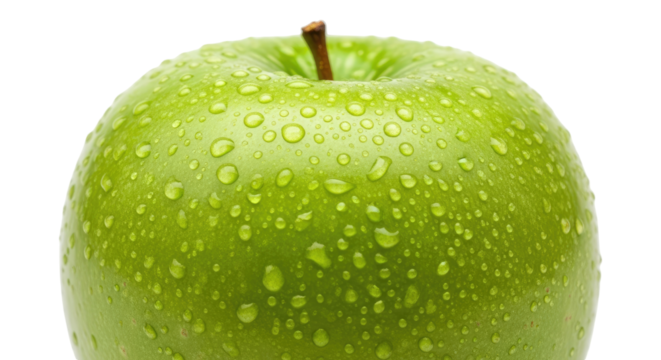 Close-up of Fresh Green Apple with Water Drops, Isolated transparent background