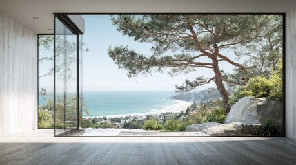 Modern interior space opens dramatically to a scenic coastal overlook through expansive glass doors