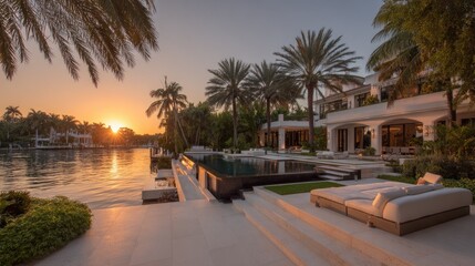 Luxurious waterfront residence showcases elegant architecture during a vibrant sunset