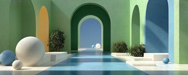 Modern architectural design with geometric shapes and vibrant teal and green hues