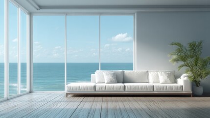 Minimalist interior space features a white sofa and lush greenery overlooking a vast blue ocean vista
