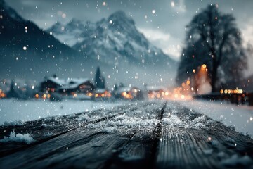 Close-up view of snowy wooden surface in a cozy winter village scene