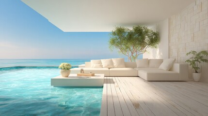 Luxurious modern relaxation area seamlessly merges with a bright blue infinity edge pool overlooking the ocean