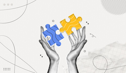 Trendy Halftone Collage Two Hands holding Blue and Yellow Puzzles pieces together. Business idea and solution. Partnership relationship. Support Ukraine. Problem solving. Contemporary vector art
