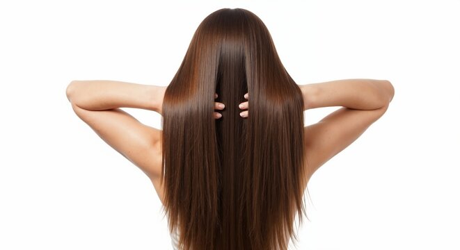 Rear view of a woman with long, straight, and healthy brown hair. Brunette model showcasing a shiny and smooth hairstyle after salon treatment. Hair care and beauty concept