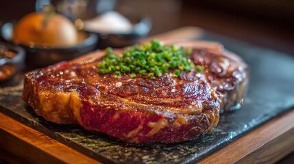 raw beef steak with herbs