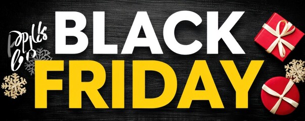 Festive Black Friday sale banner with gifts and snowflakes on black