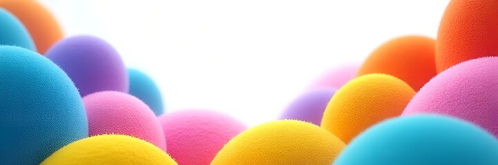 Vibrant and playful abstract background featuring a border of colorful, textured, fuzzy spheres or pom-poms yellow, pink, blue, purple, orange framing a central white copy space