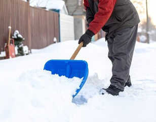 Person Shoveling Deep White Snow with a Bright Blue Shovel on a Cold Winter Day