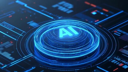3D render of a glowing AI button surrounded by digital data and circuitry. Modern technology and artificial intelligence visualization for innovation, computing, and data analysis themes. - Powered by Adobe