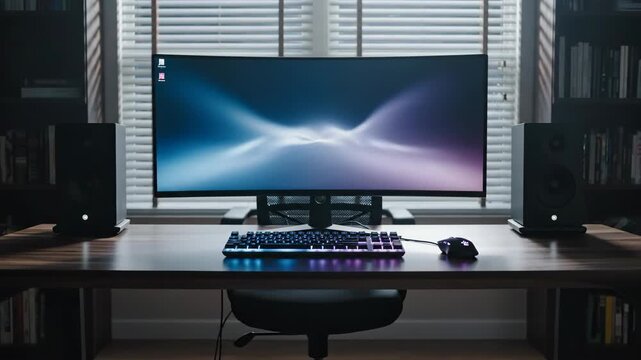 Computer setup displays modern monitor and ergonomic keyboard on a dark desk. Modern monitor brightens room with natural light from window blinds.