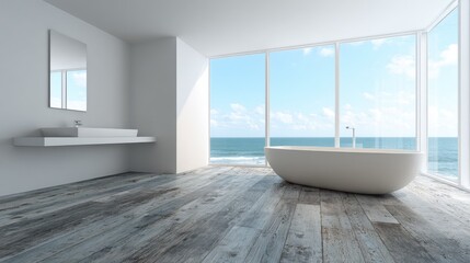 Minimalist contemporary bathroom features freestanding tub before expansive ocean view windows