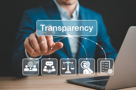 Businessman demonstrates transparency with digital interface and icons representing teamwork ethics compliance and accountability on a laptop promoting trust and corporate governance