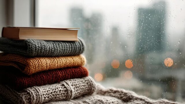 Cozy knitted sweaters and book by rainy window overlooking cityscape