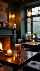 Fototapeta premium Table with a glass of beer and a lit candle, great for a cozy atmosphere or a romantic evening