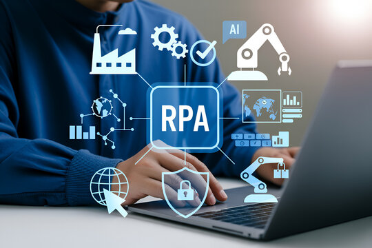 Person using a laptop showcasing robotic process automation (rpa) with ai security and global connectivity icons representing efficiency innovation and digital transformation in business processes