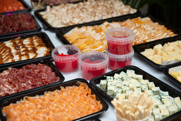 Assorted delicacies for a buffet spread. A variety of gourmet foods neatly arranged on a table, featuring smoked salmon, assorted cheeses, cured meats, and delicious spreads. 