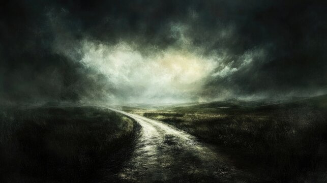 A dark and moody road stretches into the unknown, symbolizing the challenging journey toward success and the uncertainty that lies ahead