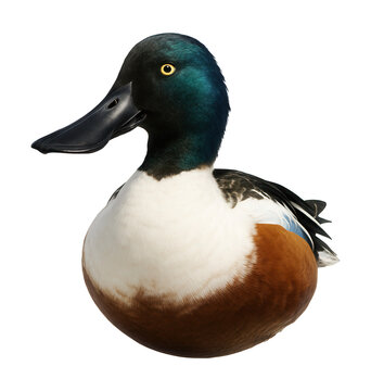 Male northern shoveler duck features a distinct keel on its bill.