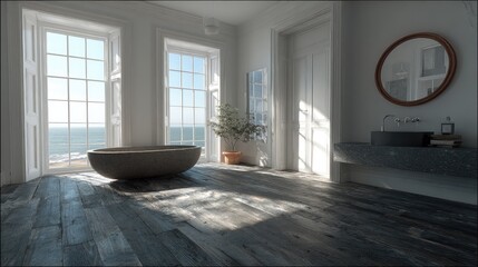 Elegant seaside bathroom interior features a stone tub bathed in bright natural sunlight