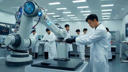 Engineers and Scientists Collaborating on Robotic Arm Technology in a Modern Lab. - Powered by Adobe