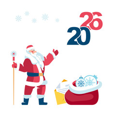 Happy New Year 2026. New Year and Christmas gifts. Santa Claus collects a festive bag, greeting cards, numbers 2026. Flat design poster, holiday. Snowflakes, calendar, flyer. Vector illustrations