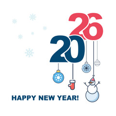 2026 Happy New Year, flat design cut paper drawing, pattern, snowman, gifts, Blue red numbers. Fine art, concept. Holiday poster, white background. Elements for calendar, greeting. Vector illustration
