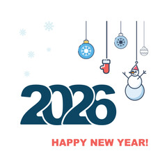 2026 Happy New Year, flat design cut paper drawing, pattern, snowman, gifts, Blue red numbers. Fine art, concept. Holiday poster, white background. Elements for calendar, greeting. Vector illustration