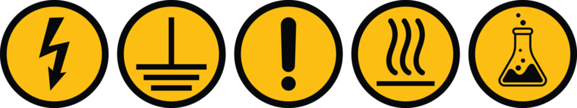Warning hazard signs set: electrical hazard, grounding, general caution sign, hot surface hazard sign, chemical risk icons