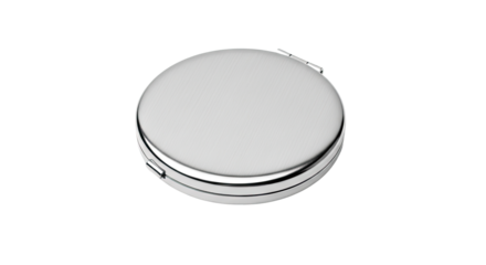 Closed round silver metal compact case or container on an isolated transparent background