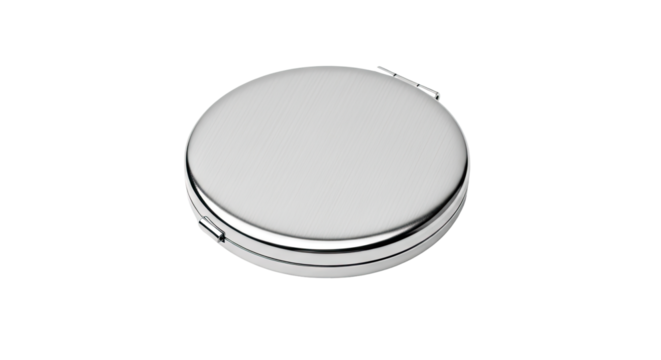 Closed round silver metal compact case or container on an isolated transparent background