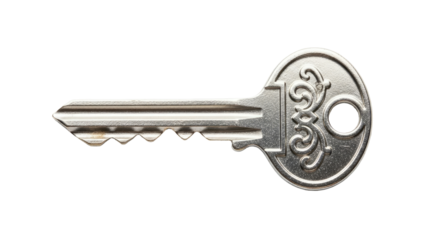Shiny silver metal security key with intricate handle design on an isolated transparent background, close-up