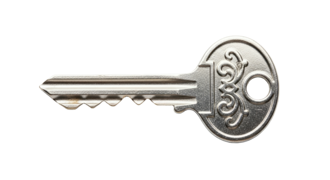 Shiny silver metal security key with intricate handle design on an isolated transparent background, close-up