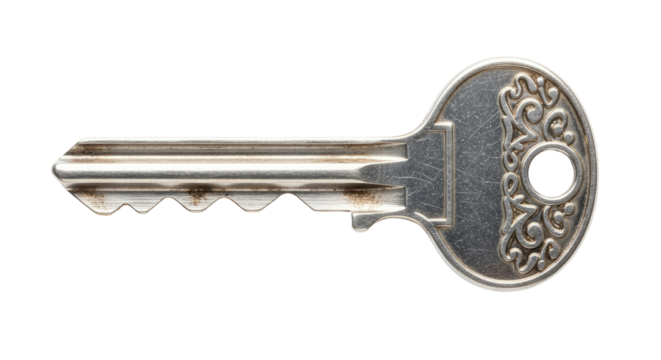 Silver metal house key with decorative handle detail on an isolated transparent background, close-up - Powered by Adobe