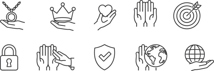 Hand gesture icon collection, charity care symbols, security and target icons, global protection elements, minimalist outline design set, flat vector illustration
