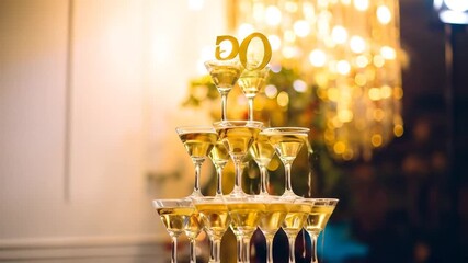 Sparkling Champagne Tower: 30th Birthday Celebration with Golden Number Topper